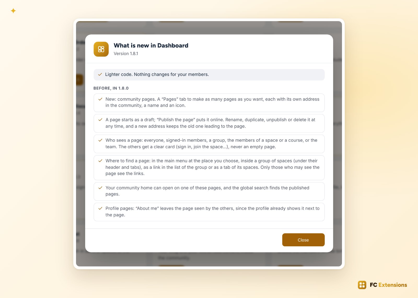 The What is new in Dashboard window: the change in version 1.8.1, then the new features of version 1.8.0 about community pages.