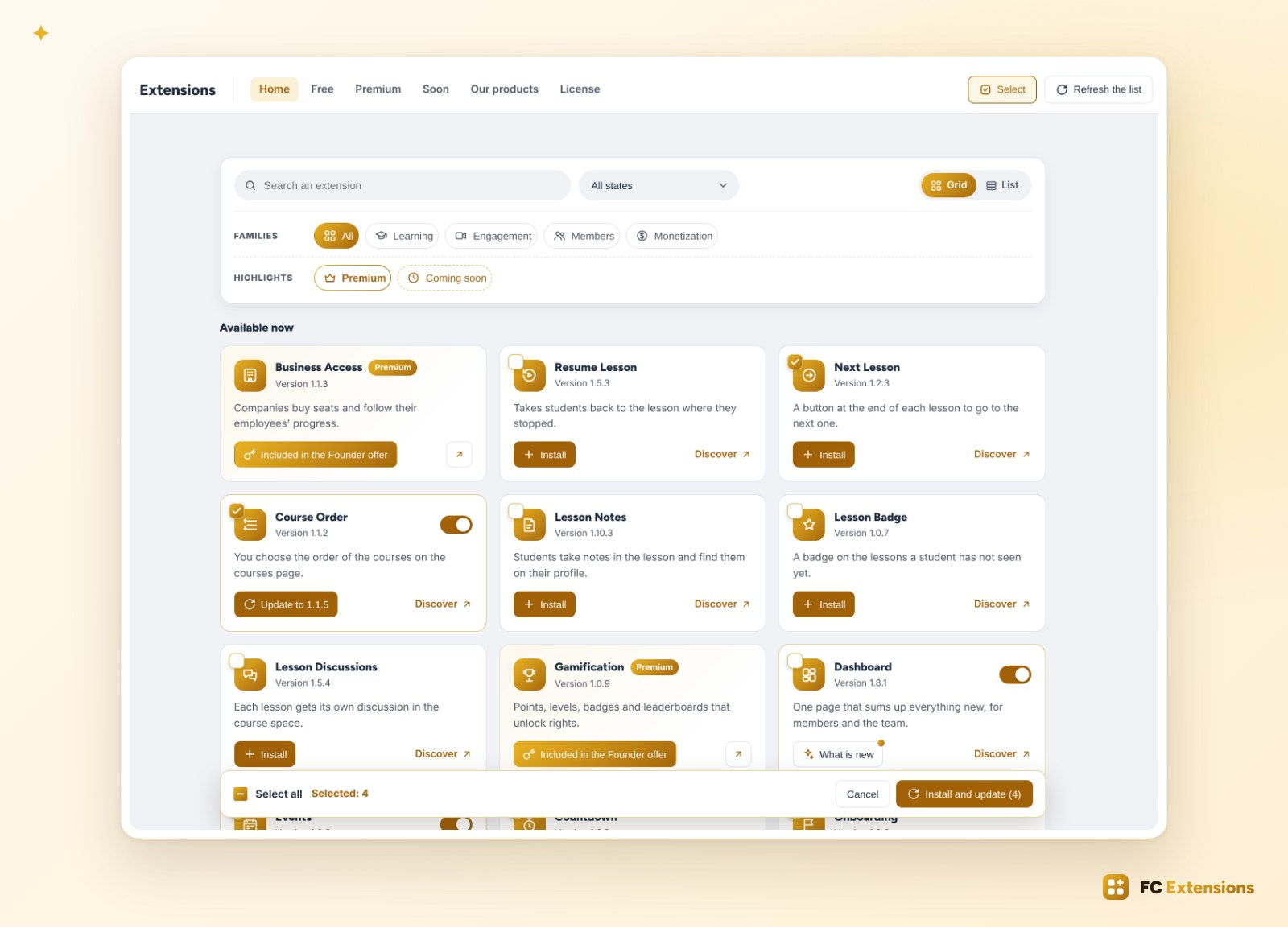 The list of extensions in selection mode: the Select button pressed, four extensions ticked, including Course Order and Next Lesson, and the bottom bar with Select all, Cancel and Install and update.