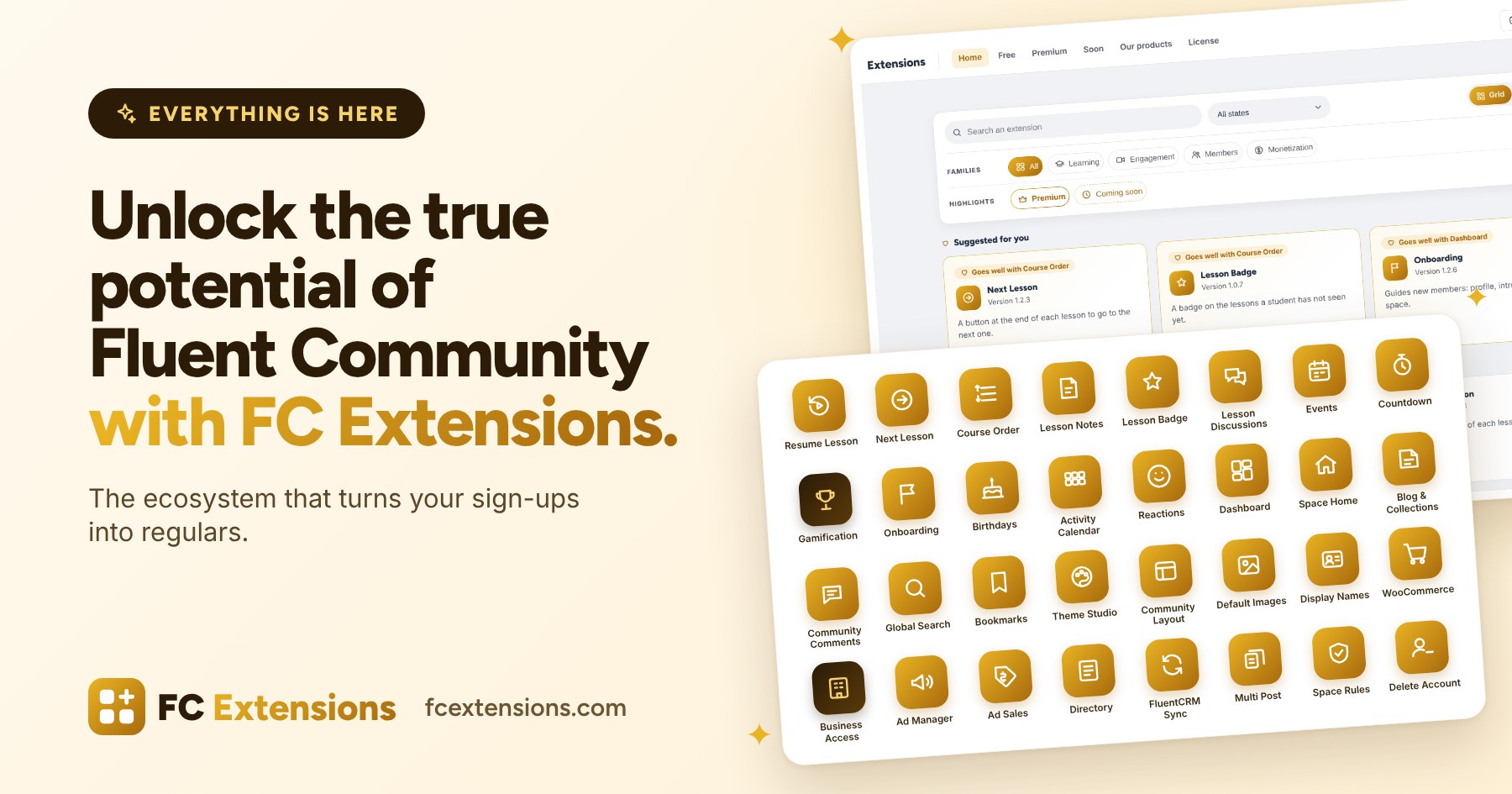Featured image: “Unlock the true potential of Fluent Community with FC Extensions”, the ecosystem that turns your sign-ups into regulars, with the list of extensions in FC Extensions 1.6 and the icons of every available extension.
