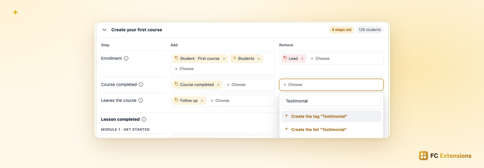 In FluentCRM Tags, a step field offers to create the tag Testimonial or the list Testimonial directly from the course.
