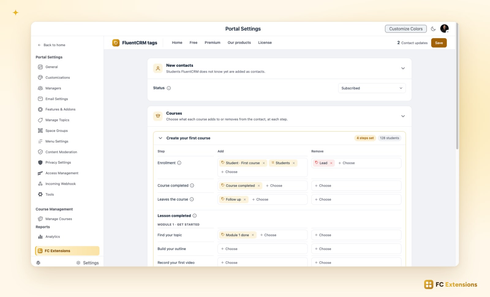 The FluentCRM Tags page in the Fluent Community settings: for the course Create your first course, the tags and lists added or removed at enrollment, at completion, when leaving and for each lesson completed.