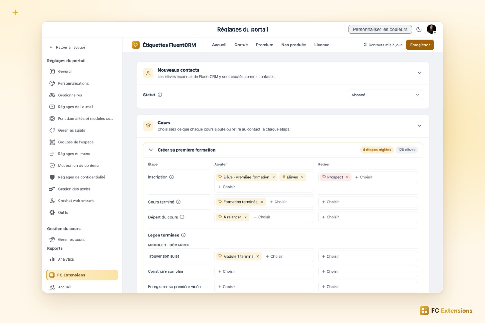 La page Étiquettes FluentCRM dans les réglages de Fluent Community : pour le cours Créer sa première formation, les étiquettes et listes ajoutées ou retirées à l’inscription, à la fin du cours, au départ et pour chaque leçon terminée.