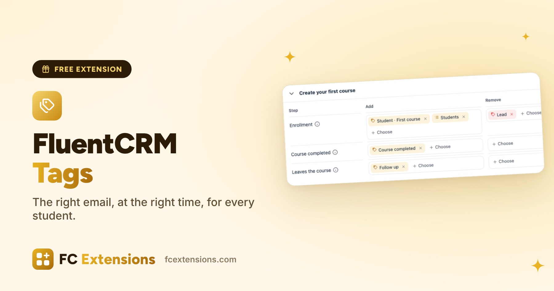 Featured image: FluentCRM Tags, with the steps of a course and the tags added at enrollment and when the course is completed.
