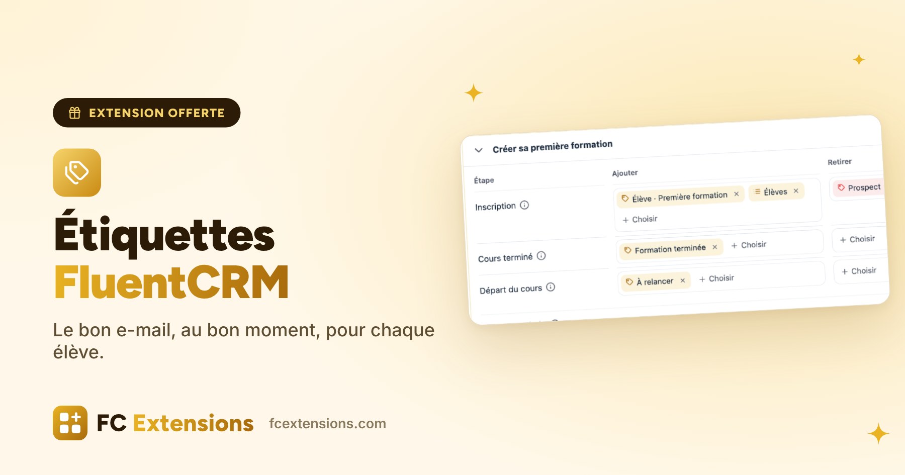 Image à la une : « Étiquettes FluentCRM », avec les étapes d’un cours et les étiquettes posées à l’inscription et à la fin du cours.