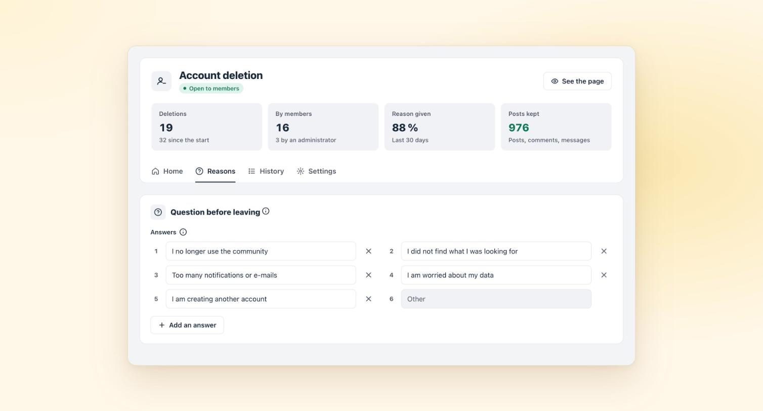 The Account Deletion screen: four key figures and the question before leaving, with answers you can edit on the spot.