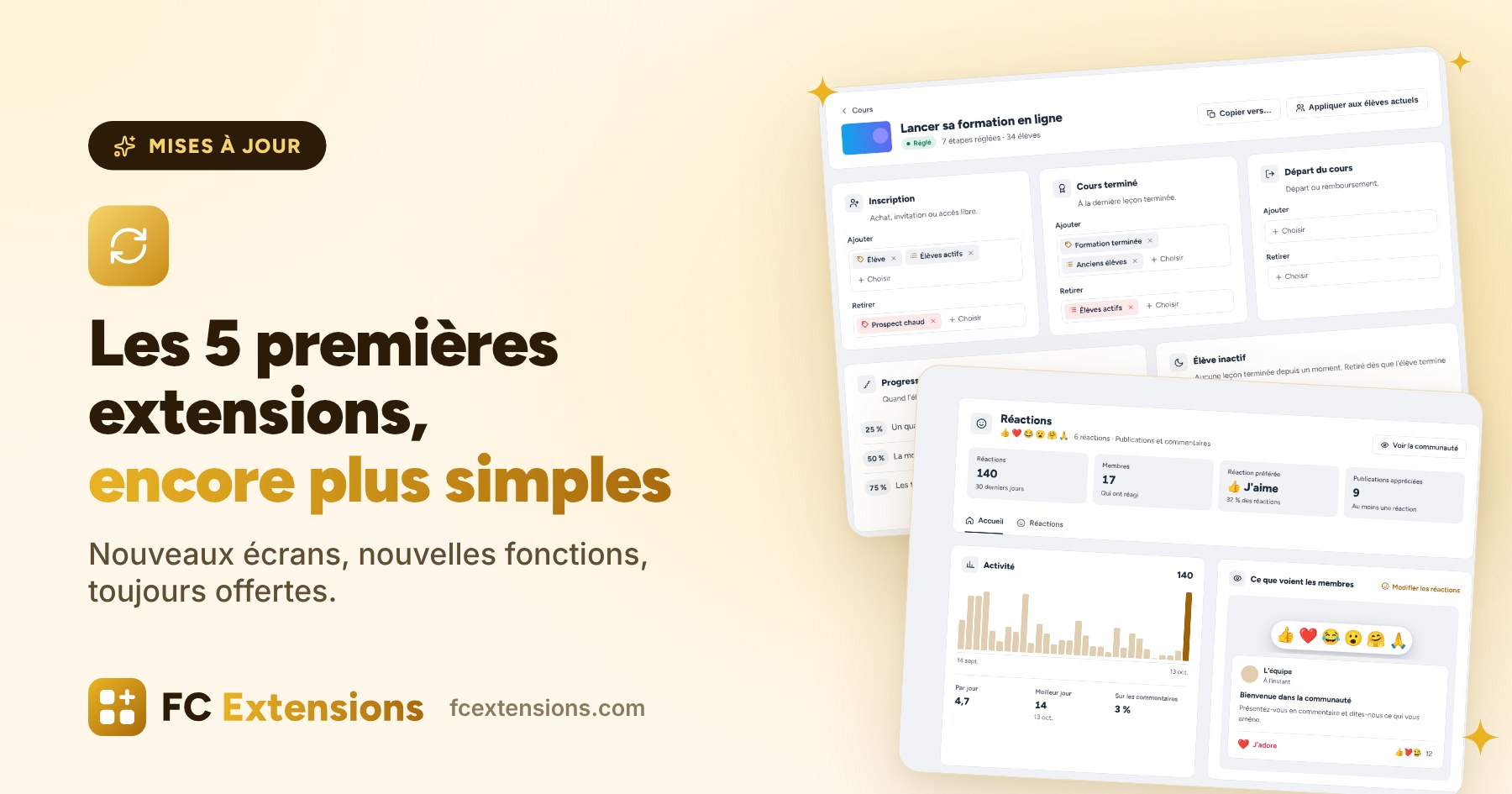 Image à la une : « Mises à jour », les cinq premières extensions de FC Extensions avec leur nouvelle page de réglages.