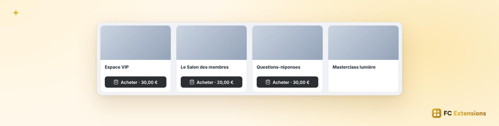 Les cartes des espaces et des cours dans la communauté, chacune avec un bouton Acheter et son prix, ajoutées par Lien avec WooCommerce.