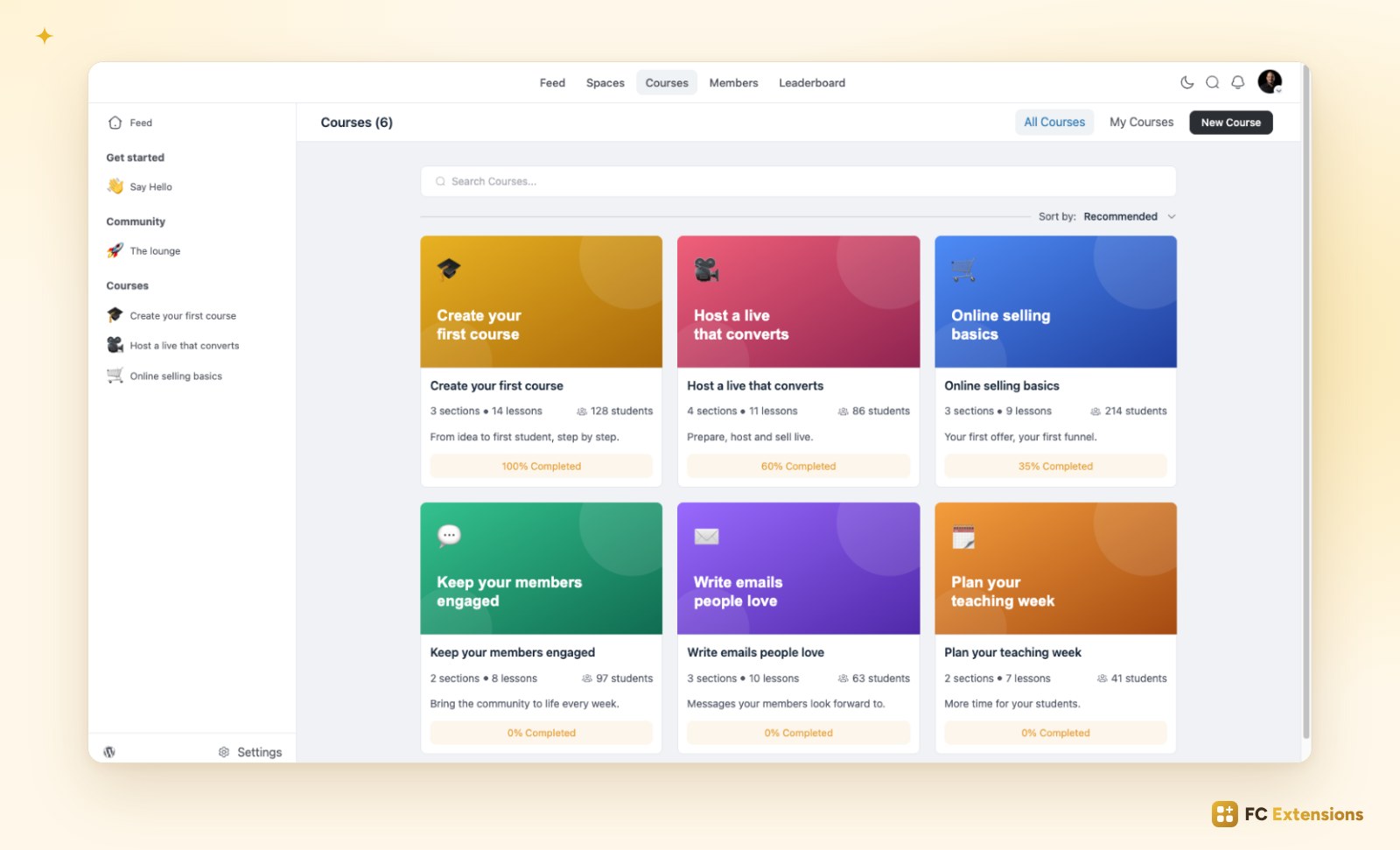 The Fluent Community Courses page as a student sees it: six courses in the chosen order, sorted by Recommended.