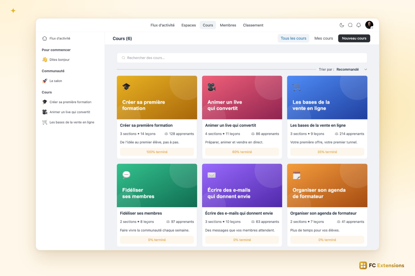 La page Cours de Fluent Community vue par un élève : six formations rangées dans l’ordre choisi, avec le tri Recommandé.