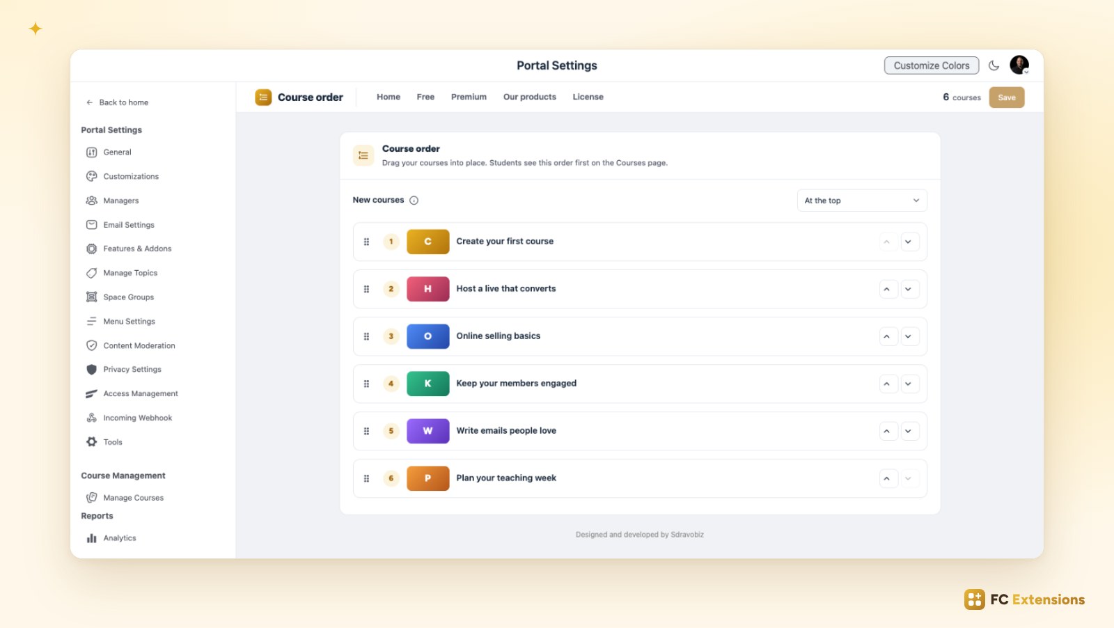 The Course Order page in the Fluent Community settings: six courses with their position and cover, ready to drag into place, and the New courses setting.