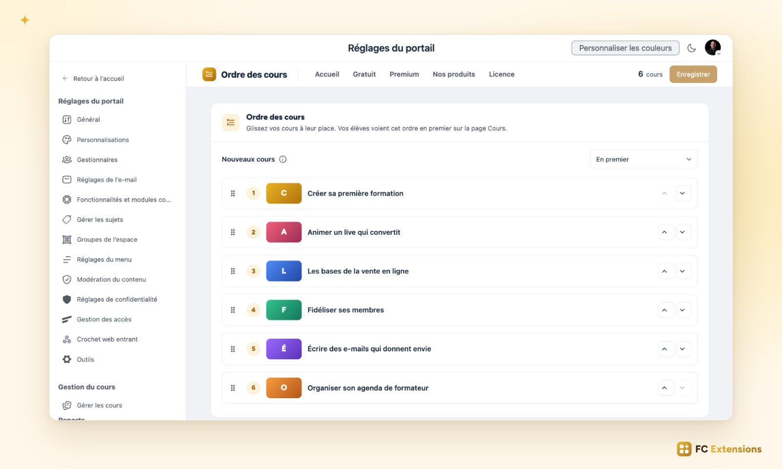 La page Ordre des cours dans les réglages de Fluent Community : six cours avec leur place et leur couverture, à glisser dans l’ordre voulu, et le réglage Nouveaux cours.