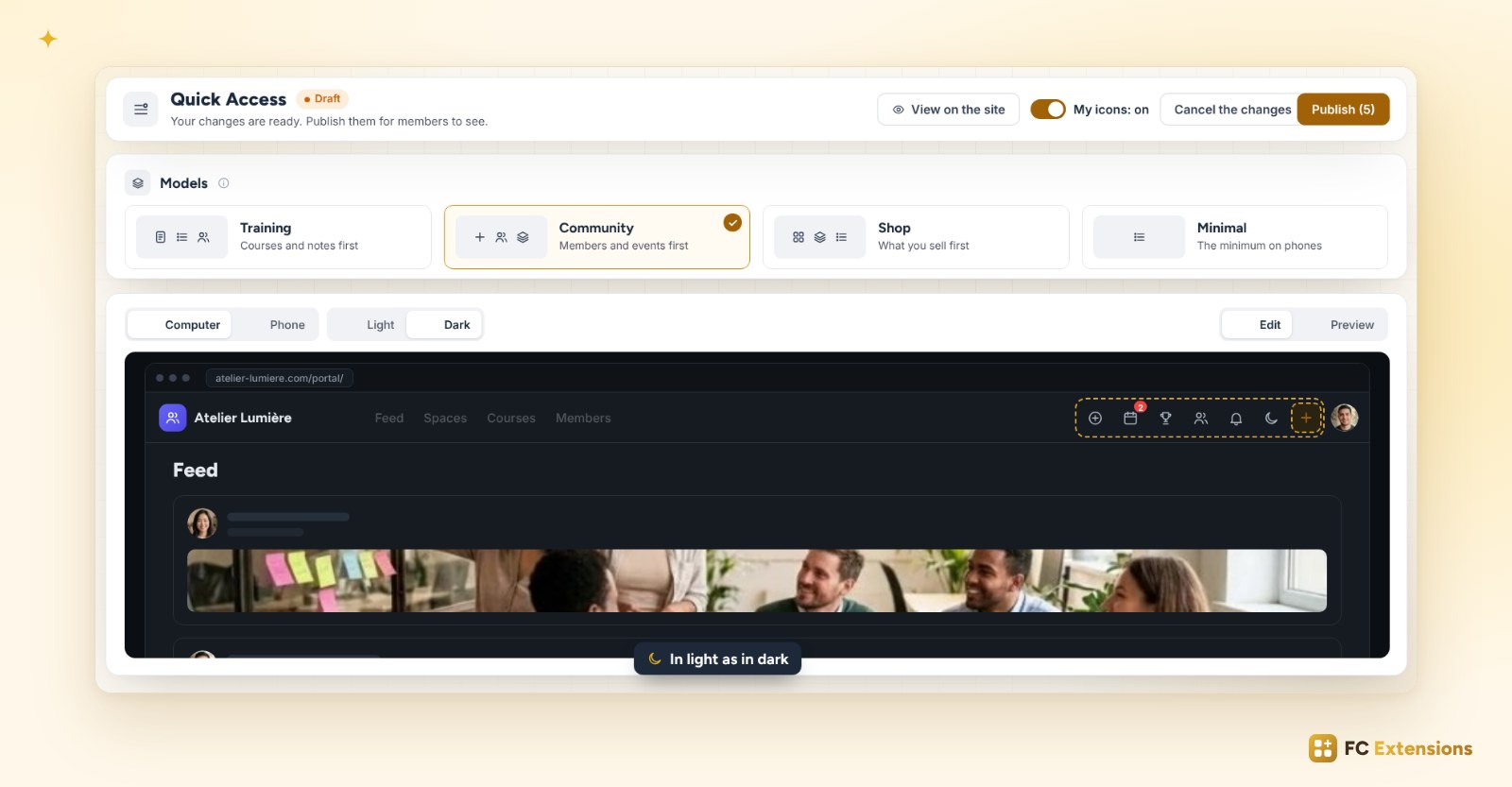 The Community model applied, with the community preview in dark mode.