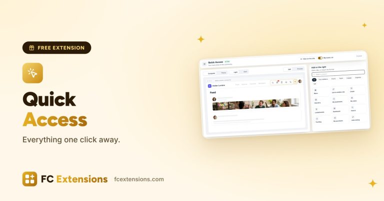 Featured image: “Quick Access”, with the settings screen, the community preview and the action blocks.