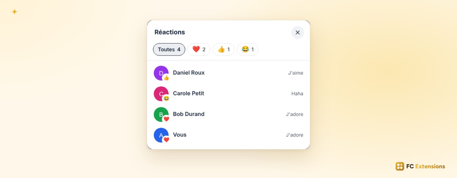 La fenêtre Réactions : la liste des membres qui ont réagi, avec un onglet par réaction et leur nombre.