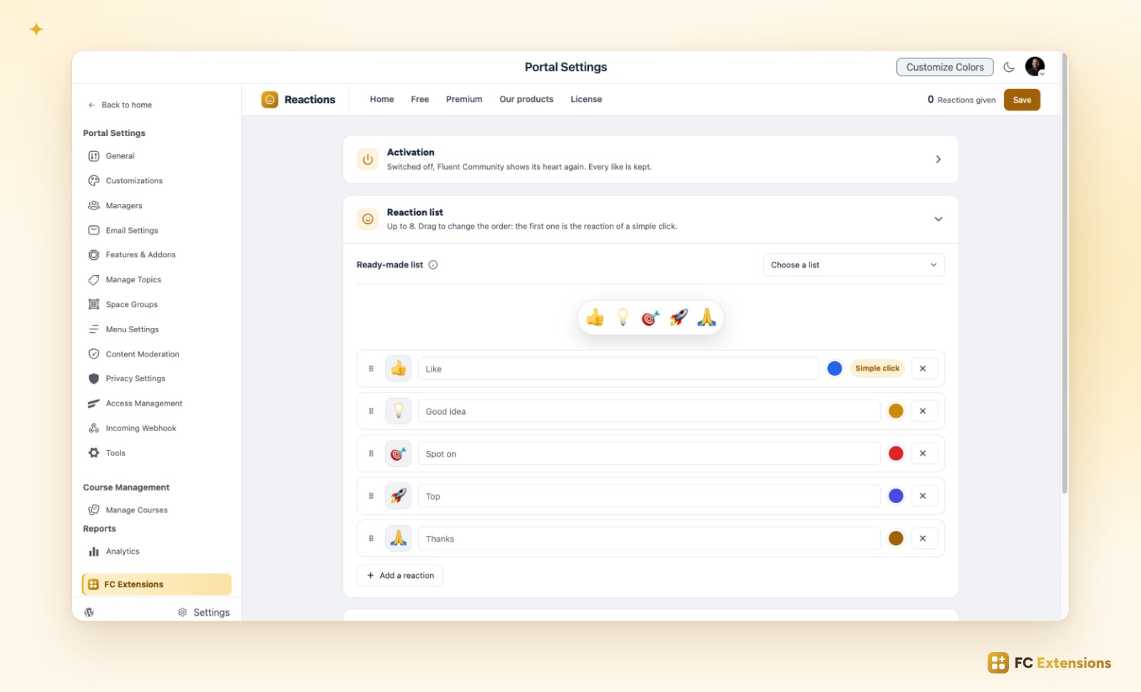 The Multiple Reactions settings: the list of reactions with their emoji, name and color, the live preview and the button to add more.
