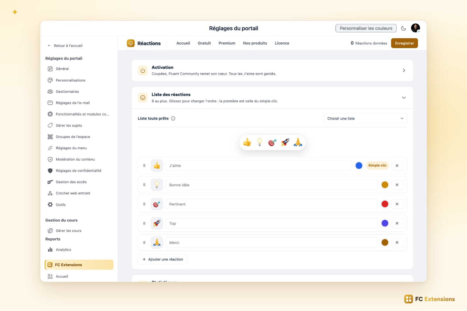 Les réglages de Réactions multiples : la liste des réactions avec leur emoji, leur nom et leur couleur, l’aperçu en direct et le bouton pour en ajouter.