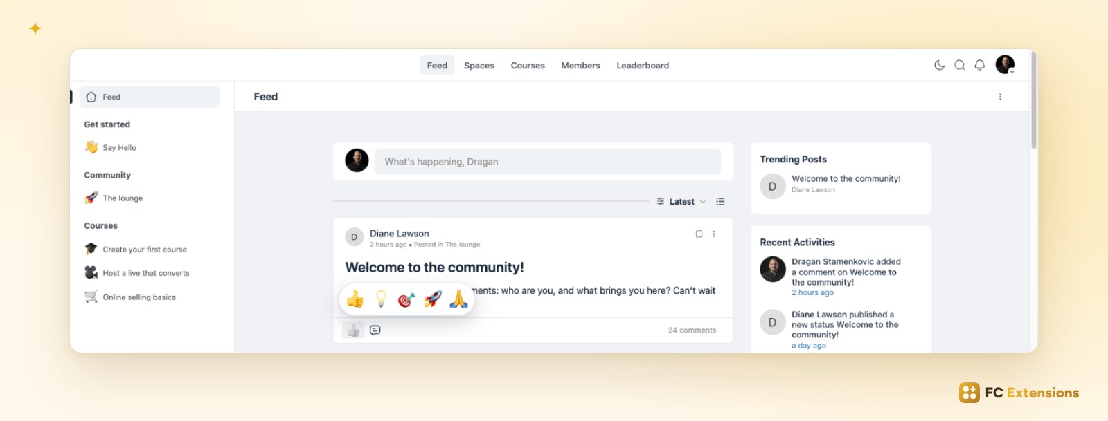 The Fluent Community activity feed with Multiple Reactions: on hover, the picker offers Like, Good idea, Spot on, Top and Thanks.
