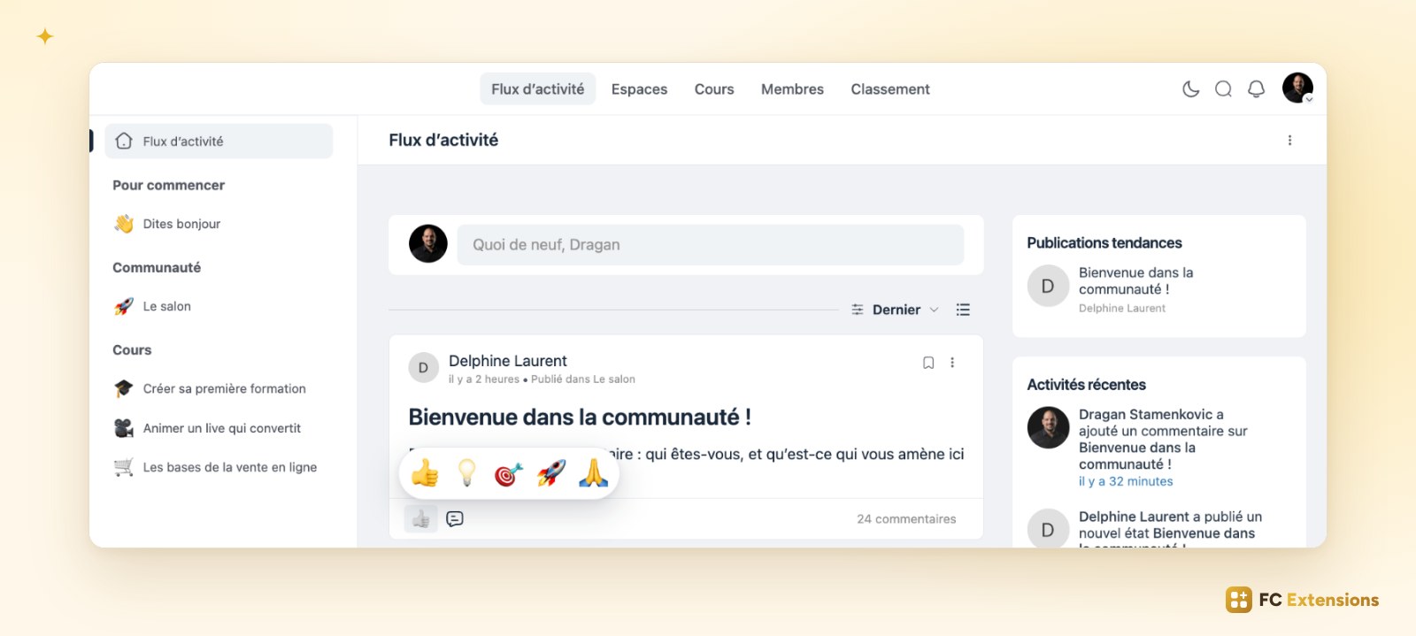 Le flux d’activité de Fluent Community avec Réactions multiples : au survol du bouton, le sélecteur propose J’aime, Bonne idée, Pertinent, Top et Merci.