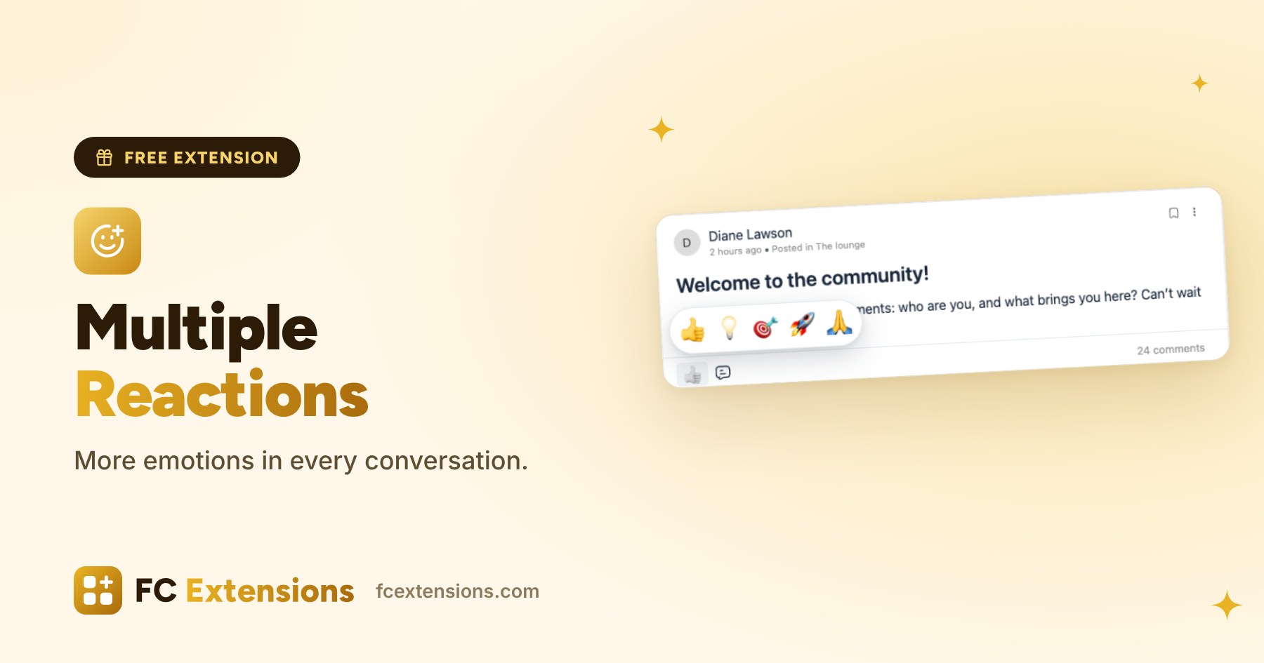Featured image: Multiple Reactions, with the reaction picker open on a community post.