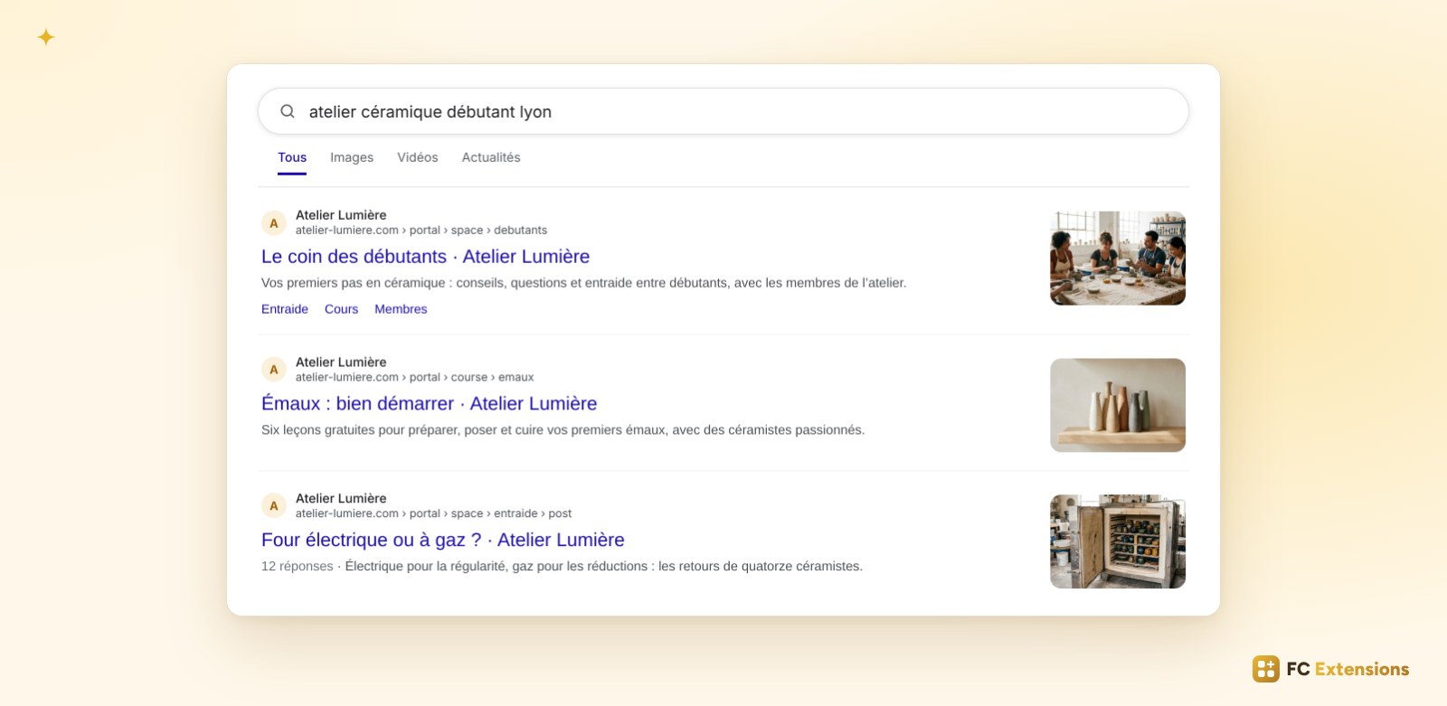 Une recherche sur Google : trois pages de la communauté Atelier Lumière, chacune avec son titre, sa description et son image.