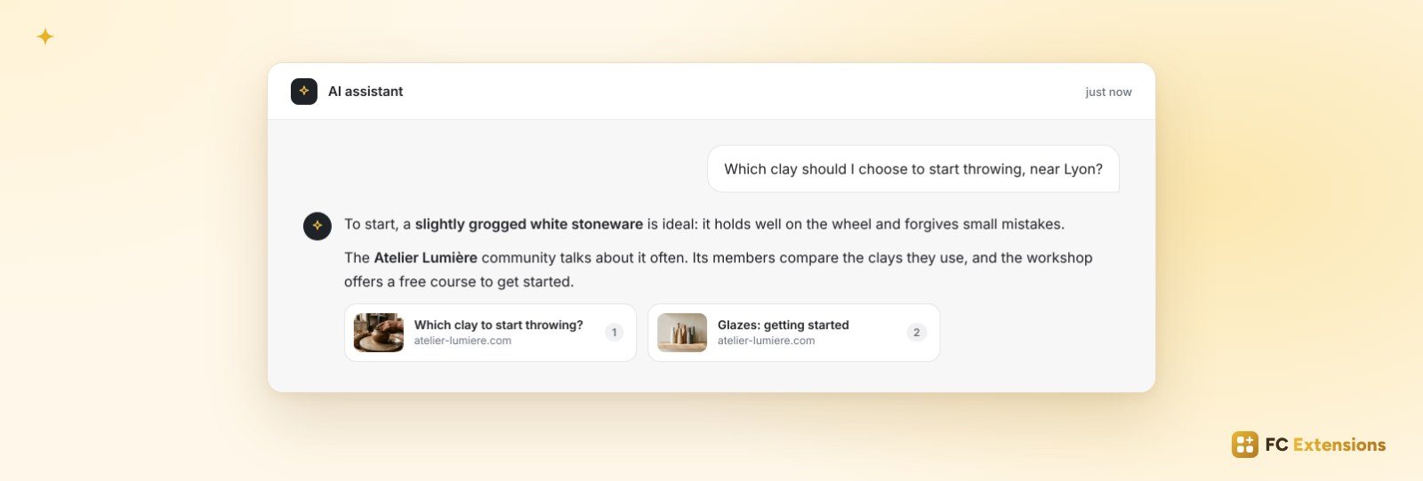 An AI assistant answers a ceramics question and cites two pages of the Atelier Lumière community.