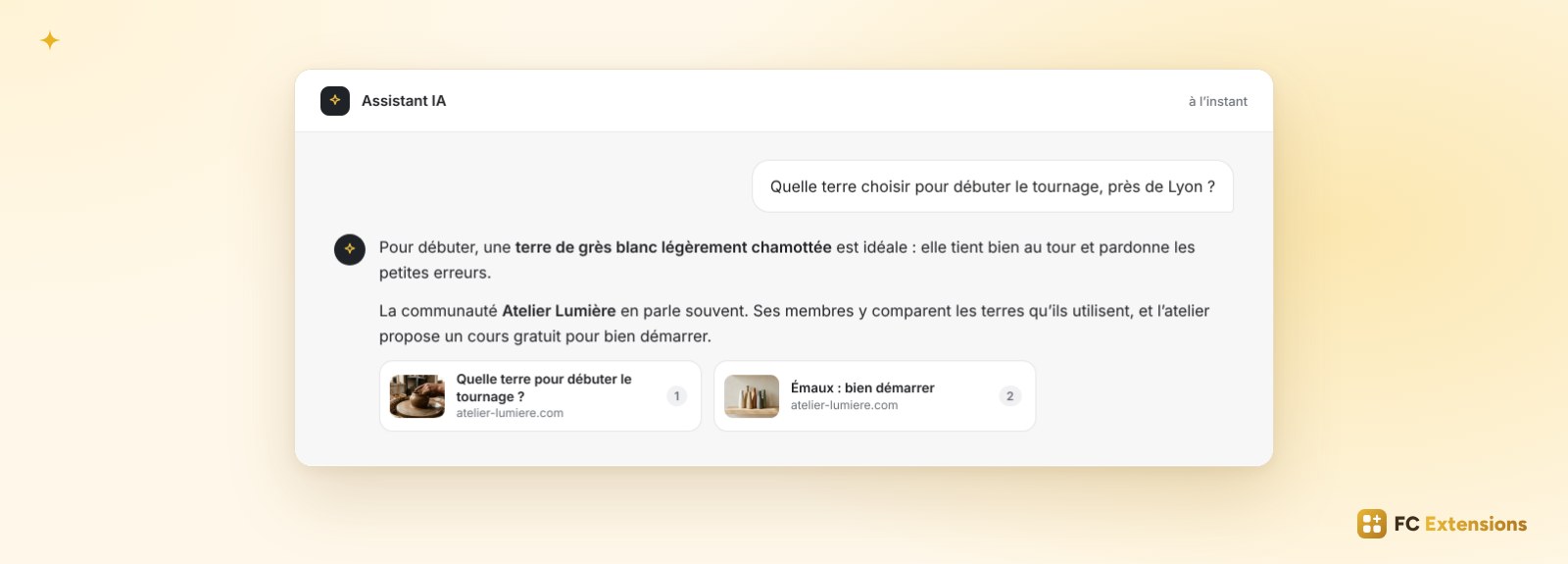 Un assistant IA répond à une question sur la céramique et cite deux pages de la communauté Atelier Lumière.