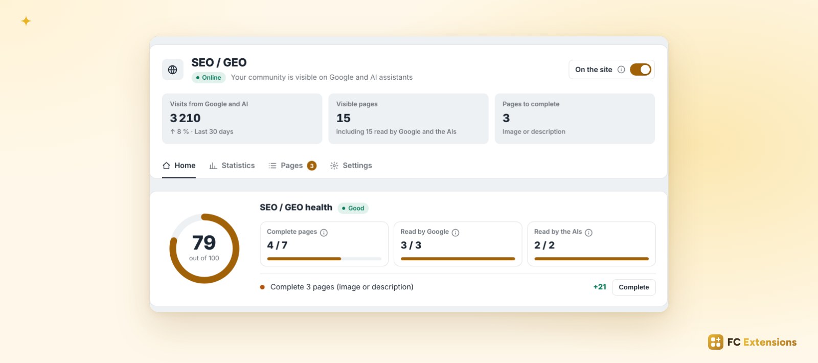 The SEO / GEO home: visits, visible pages and SEO health, with the next thing to do.