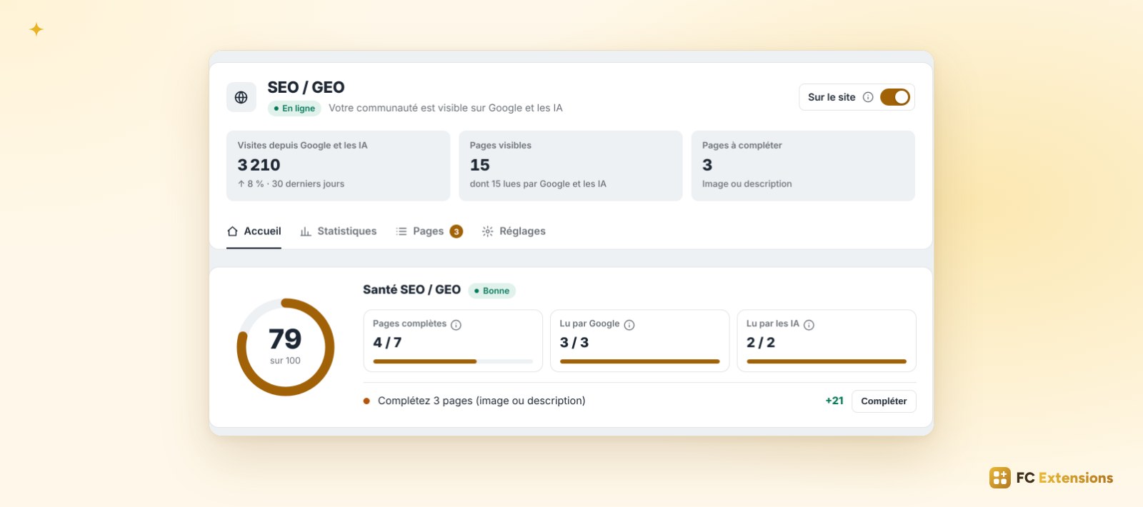 L’accueil de SEO / GEO : les visites, les pages visibles et la santé du référencement, avec la prochaine chose à faire.