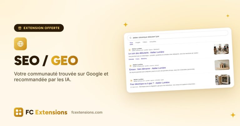 Image à la une : « SEO / GEO », avec une recherche Google qui montre trois pages de la communauté Atelier Lumière.