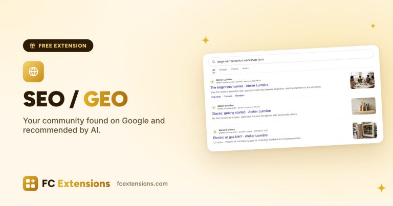 Featured image: “SEO / GEO”, with a Google search showing three pages of the Atelier Lumière community.