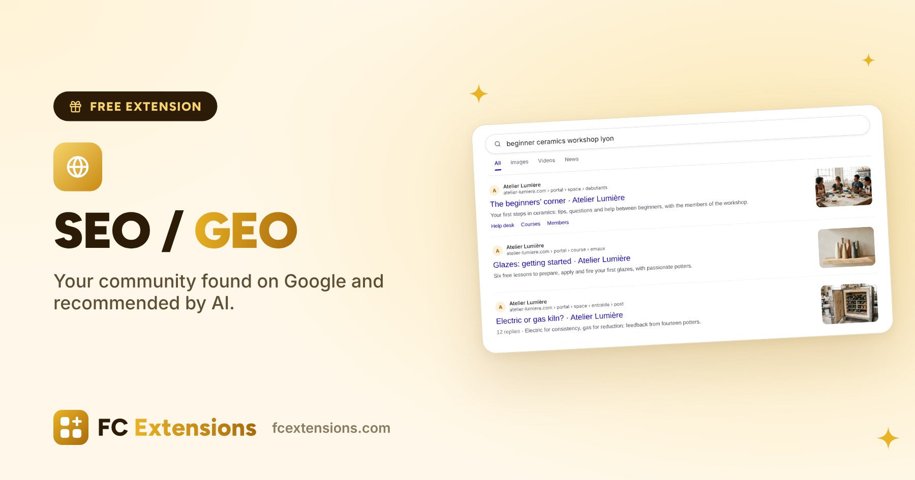 Featured image: “SEO / GEO”, with a Google search showing three pages of the Atelier Lumière community.