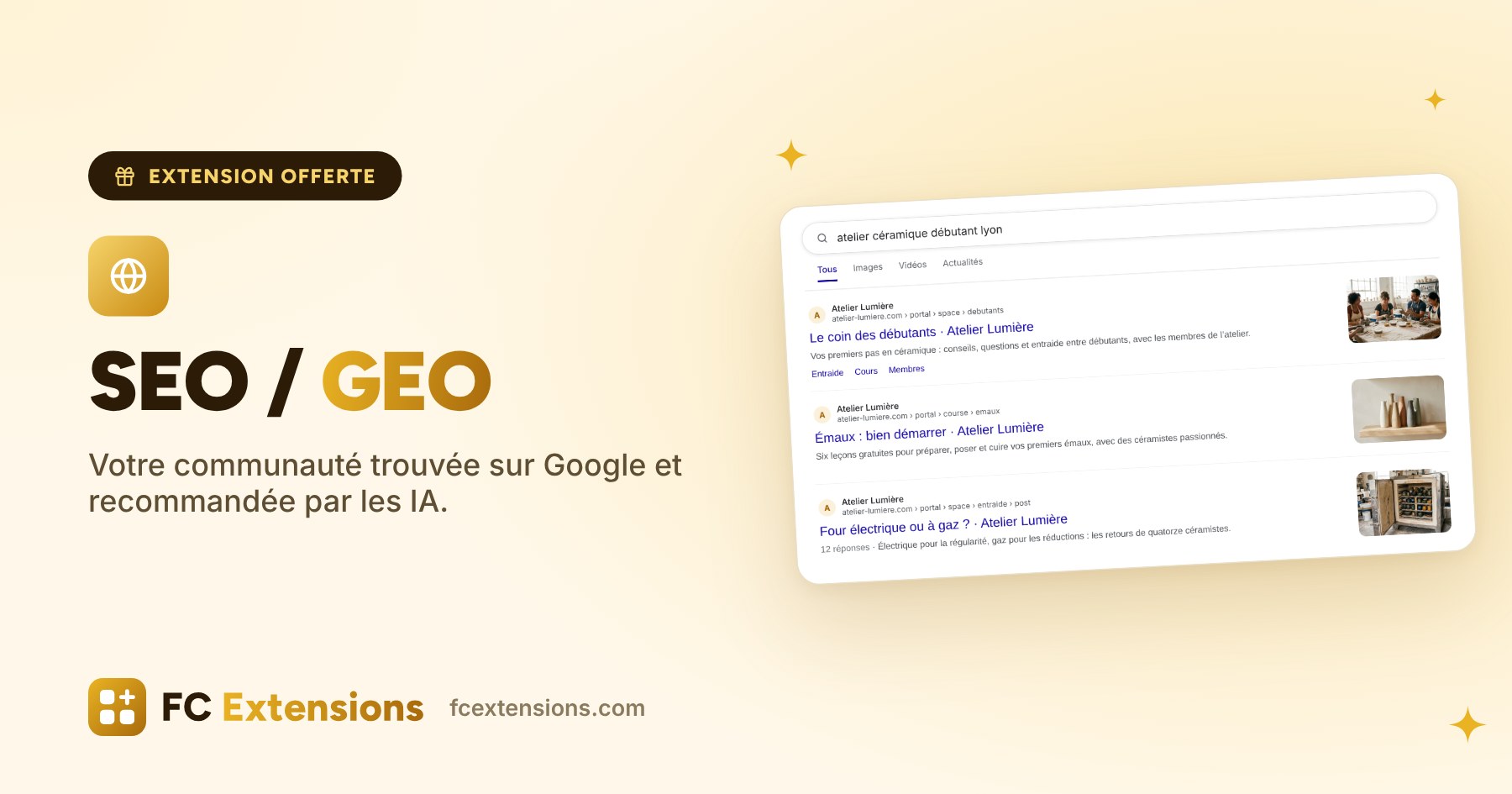 Image à la une : « SEO / GEO », avec une recherche Google qui montre trois pages de la communauté Atelier Lumière.