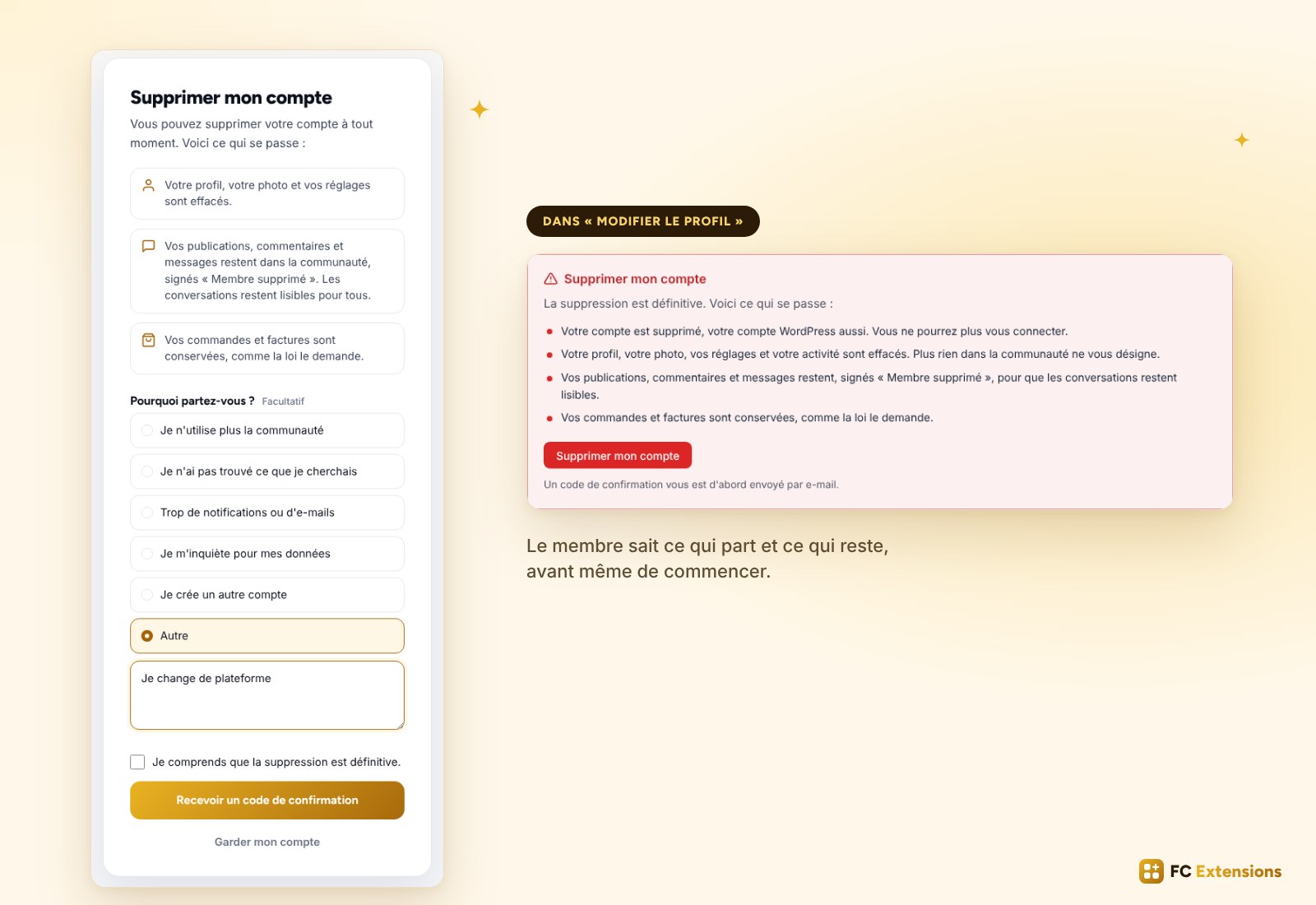 La page Supprimer mon compte de l’extension Suppression de compte : ce qui est effacé, ce qui reste dans la communauté, la question facultative Pourquoi partez-vous et le bouton qui envoie le code de confirmation. À côté, le bloc Supprimer mon compte dans Modifier le profil.