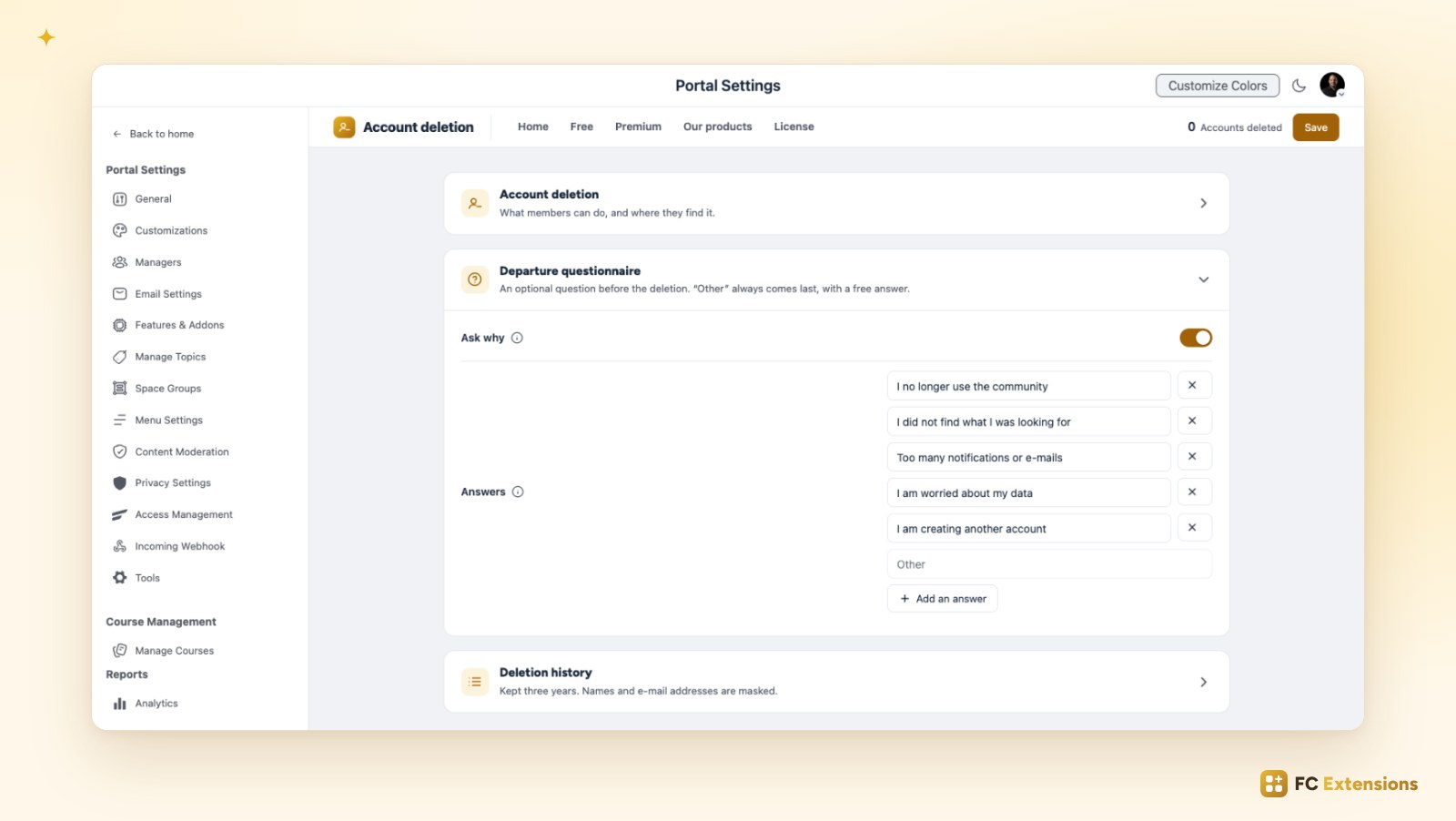 The departure questionnaire settings: the Ask why switch and the list of answers offered to members, with Other always last.