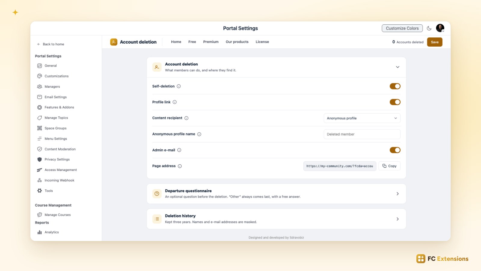 The Account Deletion settings in Fluent Community: self-deletion, profile link, content recipient, anonymous profile name, admin email and page address.