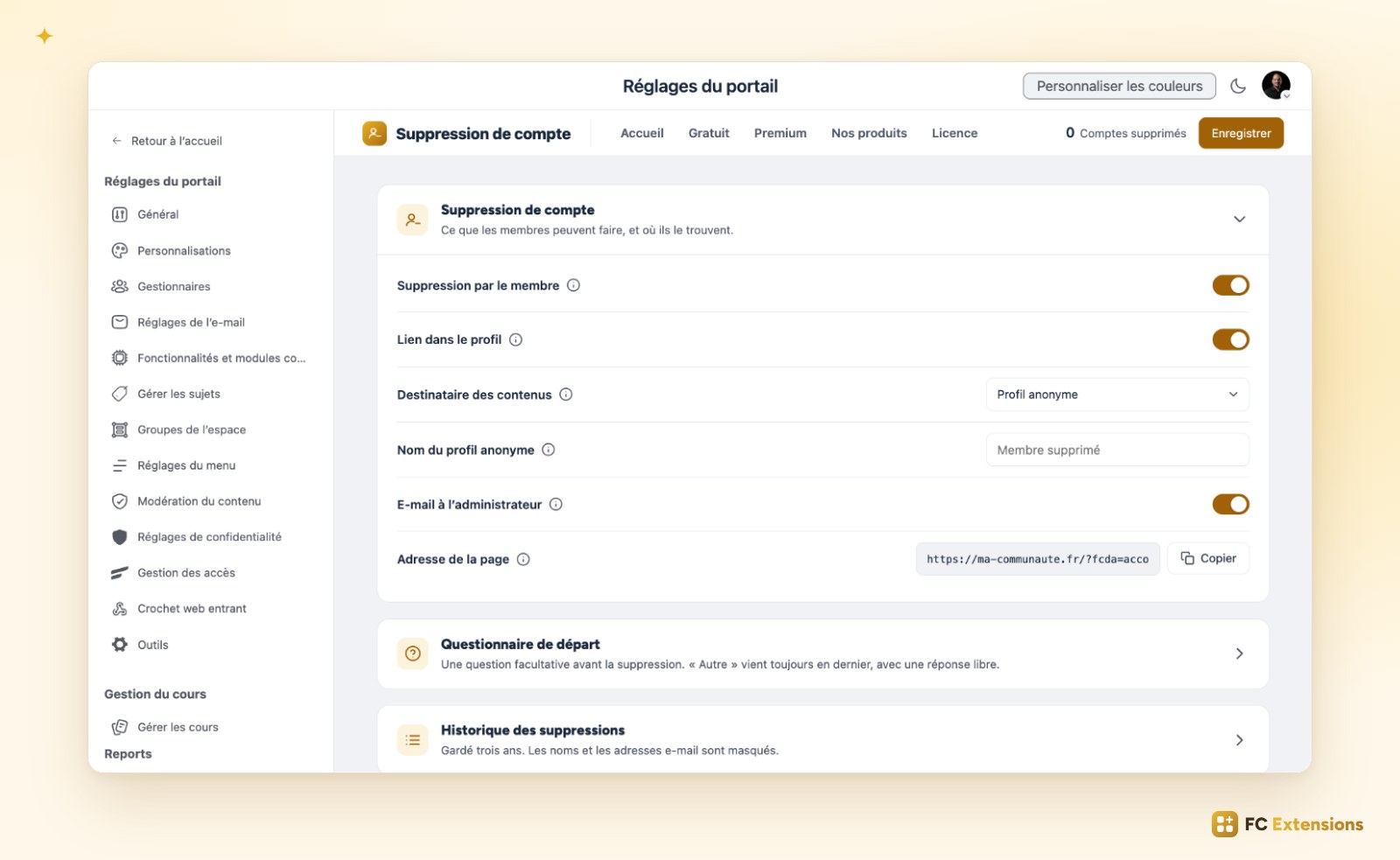 Les réglages de Suppression de compte dans Fluent Community : suppression par le membre, lien dans le profil, destinataire des contenus, nom du profil anonyme, e-mail à l’administrateur et adresse de la page.