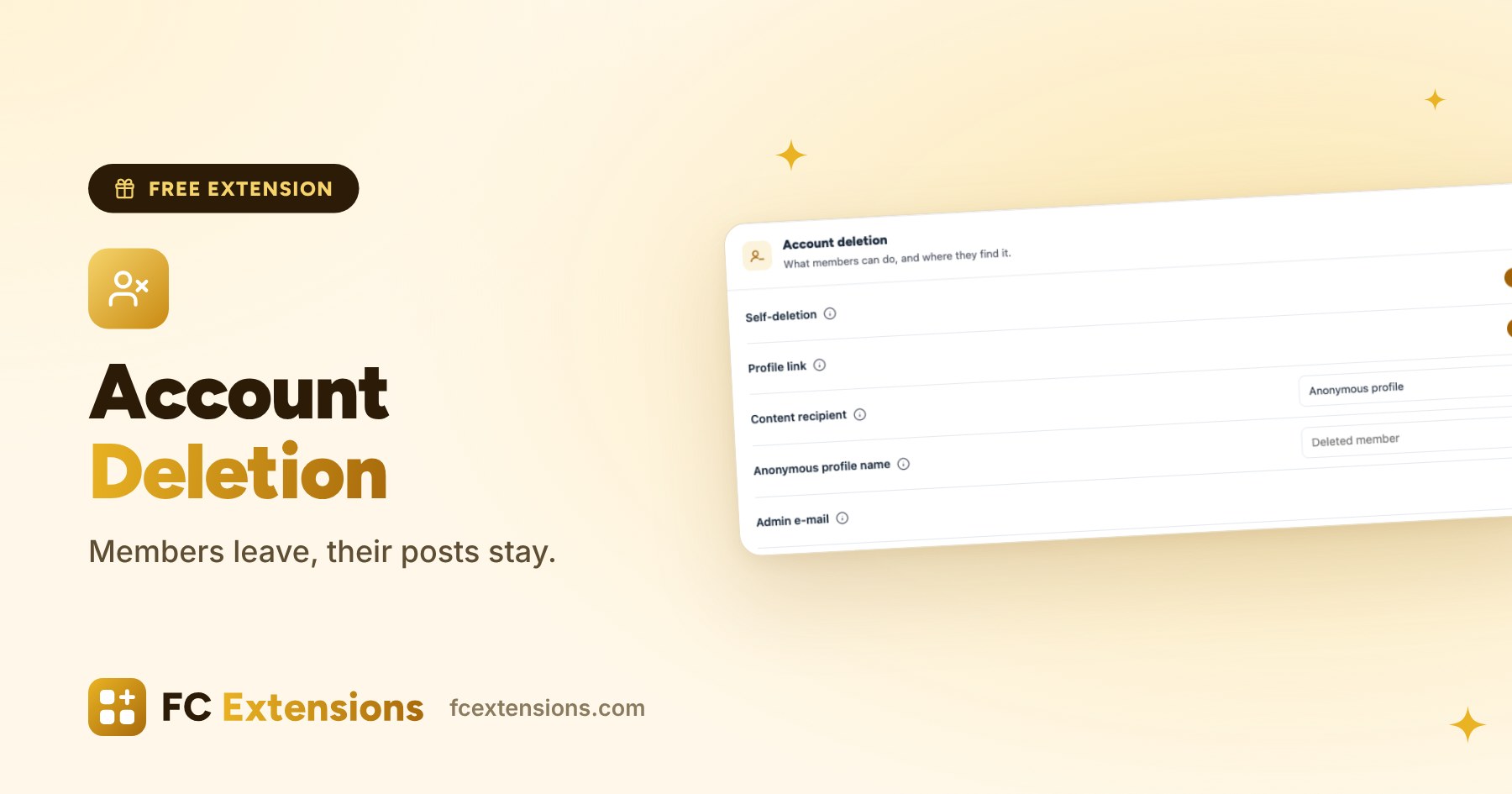 Featured image: Account Deletion, with the page where a member deletes their account and a note that their posts stay in the community.