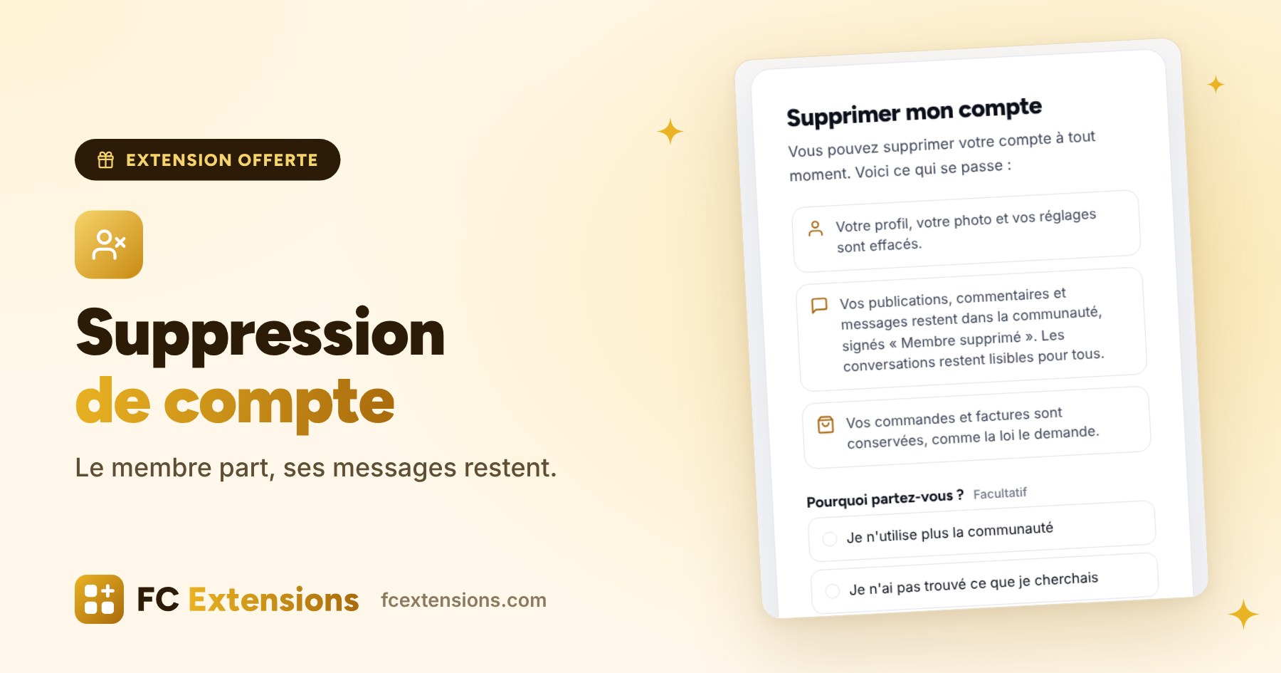 Image à la une : « Suppression de compte », avec la page où le membre supprime son compte et la mention de ses messages qui restent dans la communauté.