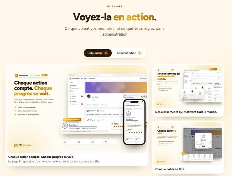 La partie « En images » de la fiche Gamification : les onglets Côté public et Administration, un grand visuel de la page Progression et deux visuels plus petits, avec leur légende.