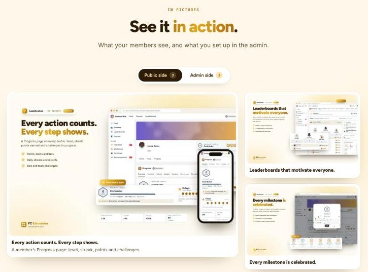 The “In pictures” section of the Gamification page: the Public side and Admin side tabs, a large visual of the Progress page and two smaller visuals, with their captions.