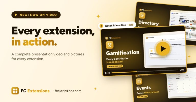Featured image: “Every extension, in action.” A complete presentation video and pictures for every extension, with the video thumbnails of Gamification, Directory and Events.