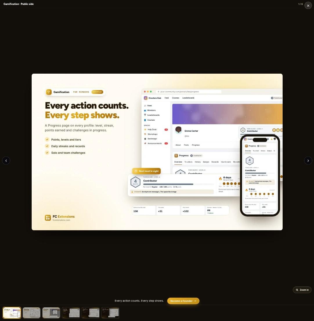 The viewer of the Gamification page open on a Public side visual: the caption, the Become a Founder button, the arrows, Zoom in and the thumbnails of every visual.