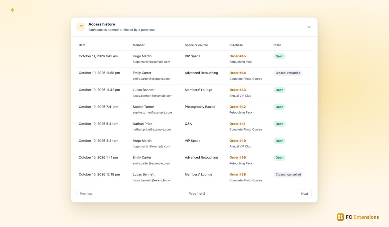 The WooCommerce Integration access history: for each member, the space or course, the order that opened it and its state, open or closed.