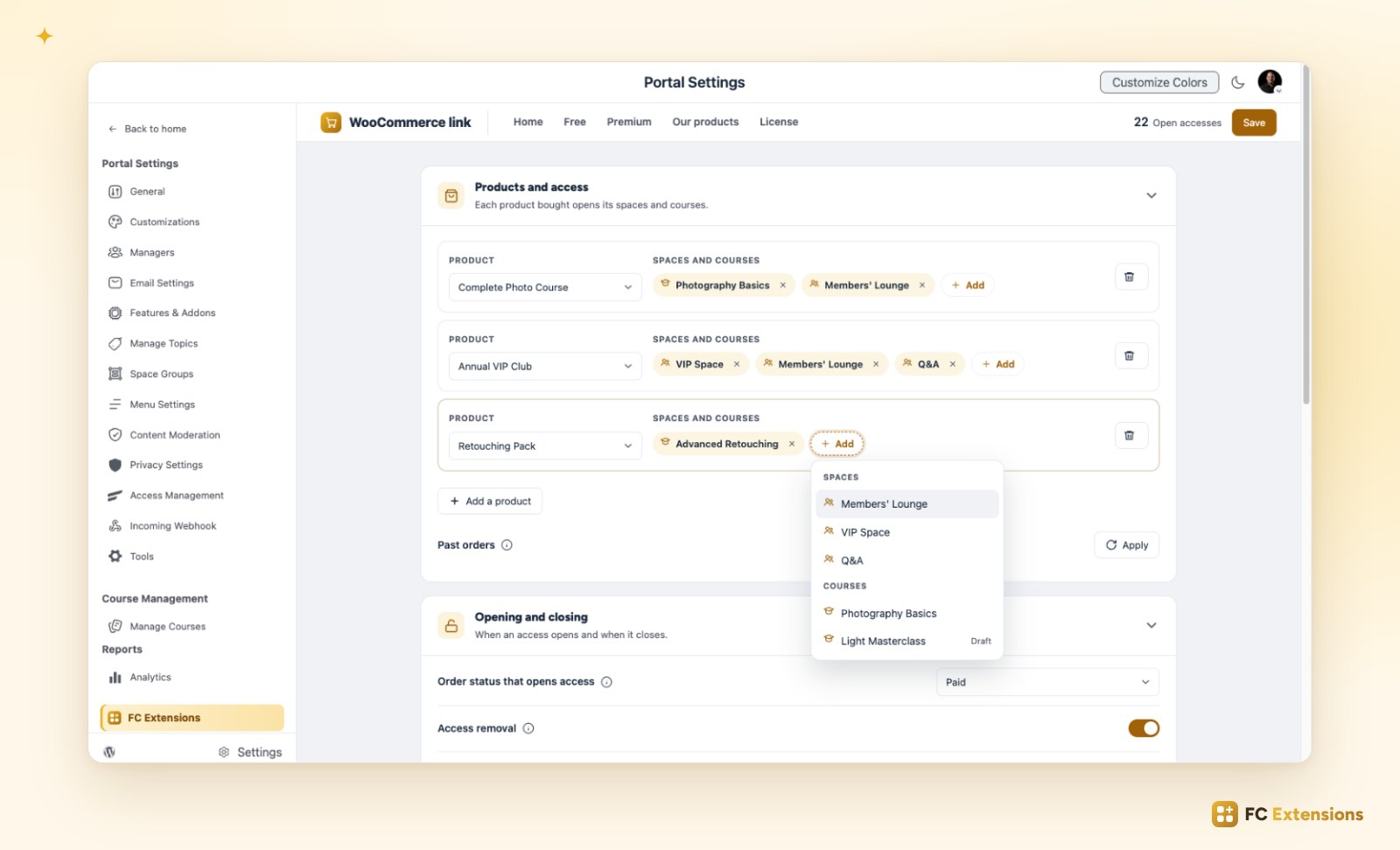 The WooCommerce Integration settings: three products, Complete Photo Course, Annual VIP Club and Retouching Pack, each linked to its spaces and courses, with the list open to add more.