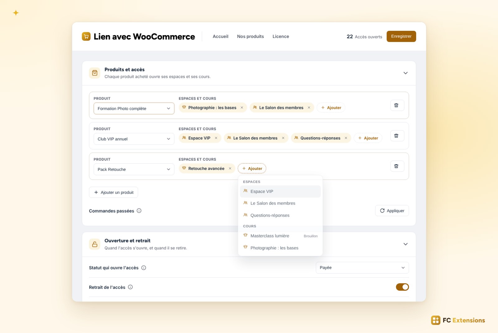 Les réglages de Lien avec WooCommerce : trois produits, Formation Photo complète, Club VIP annuel et Pack Retouche, chacun relié à ses espaces et à ses cours, avec la liste qui s’ouvre pour en ajouter.