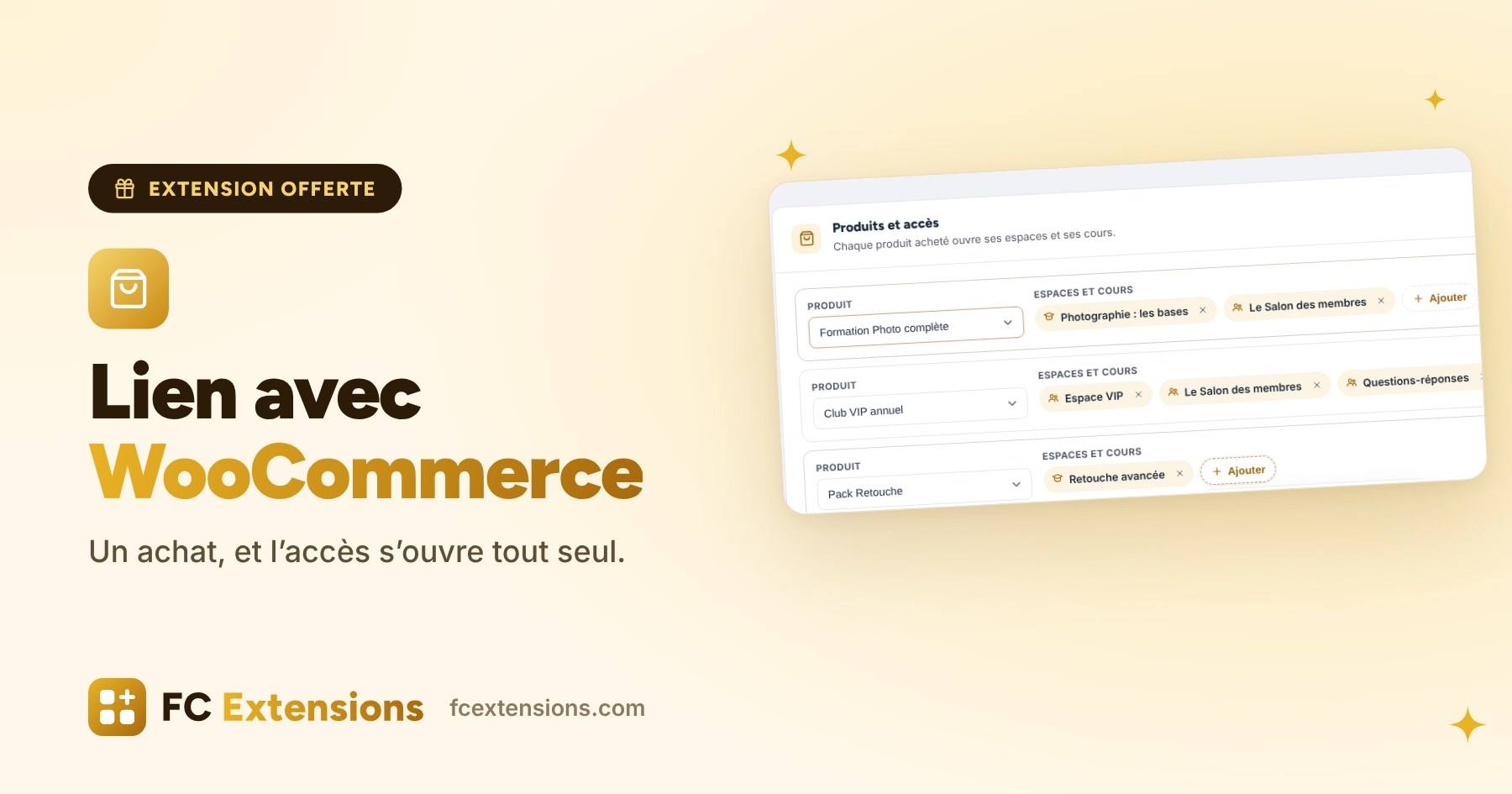 Image à la une : « Lien avec WooCommerce », avec un produit WooCommerce relié à des espaces et des cours Fluent Community.